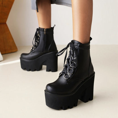 Women's Glossy Round Toe Lace Up Block Chunky Heel Platform Ankle Boots