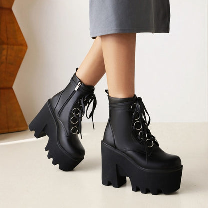 Women's Glossy Round Toe Lace Up Block Chunky Heel Platform Ankle Boots