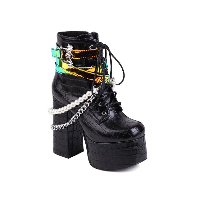Women's Crocodile Pattern Pu Leather Sequins Side Zippers Lace Up Block Chunky Heel Platform Ankle Boots