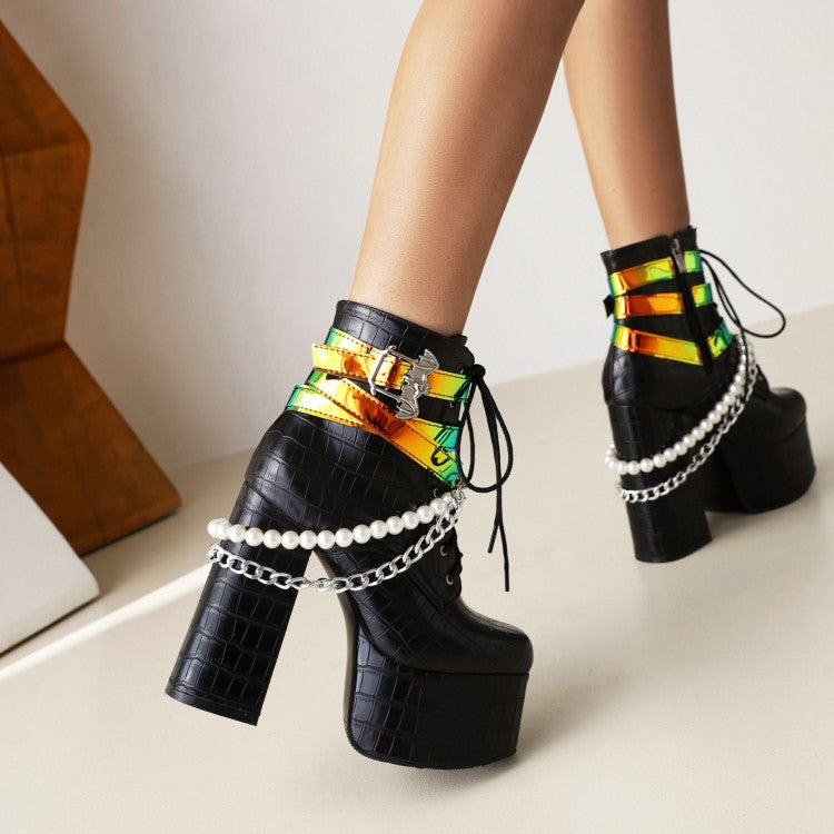Women's Crocodile Pattern Pu Leather Sequins Side Zippers Lace Up Block Chunky Heel Platform Ankle Boots