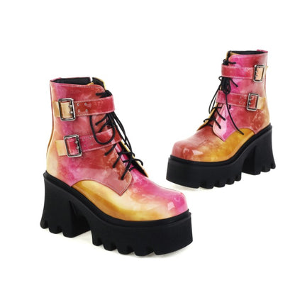 Women's Colorful Square Toe Lace Up Buckle Straps Side Zippers Block Chunky Heel Platform Short Boots