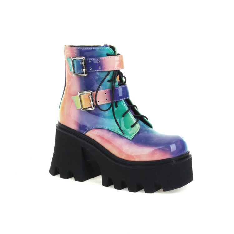 Women's Colorful Square Toe Lace Up Buckle Straps Side Zippers Block Chunky Heel Platform Short Boots