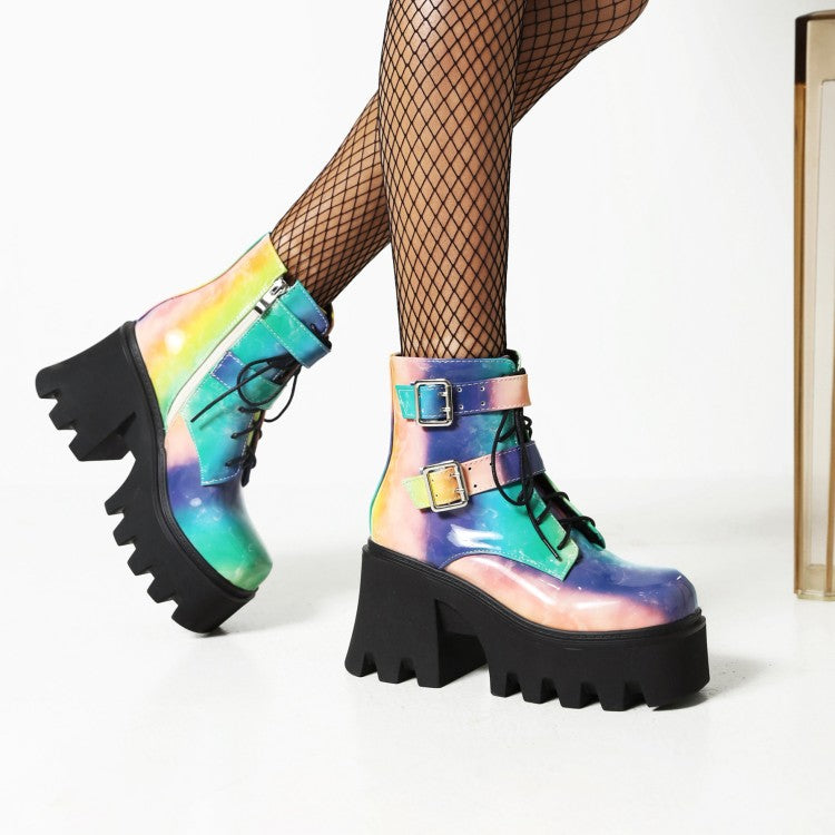 Women's Colorful Square Toe Lace Up Buckle Straps Side Zippers Block Chunky Heel Platform Short Boots