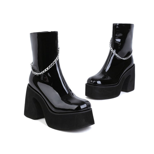 Women's Glossy Round Toe Metal Chains Side Zippers Block Chunky Heel Platform Short Boots