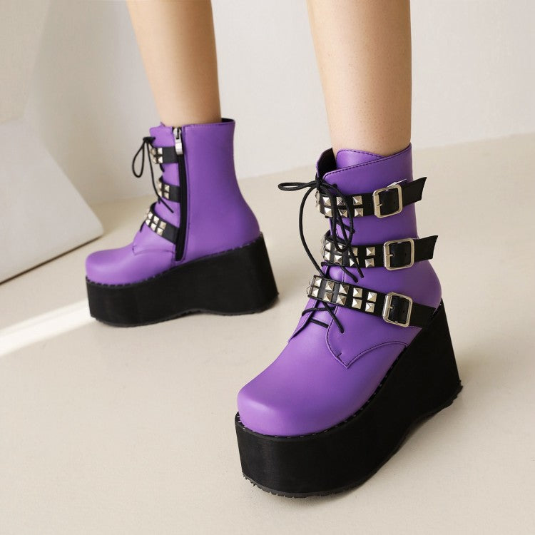 Women's Lace Up Rivets Buckle Straps Side Zippers Wedge Heel Platform Short Boots