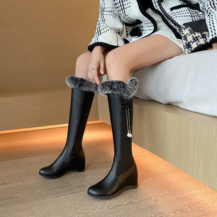 Women's Inside Heighten Wedge Heel Bow Tie Fur Knee-High Boots