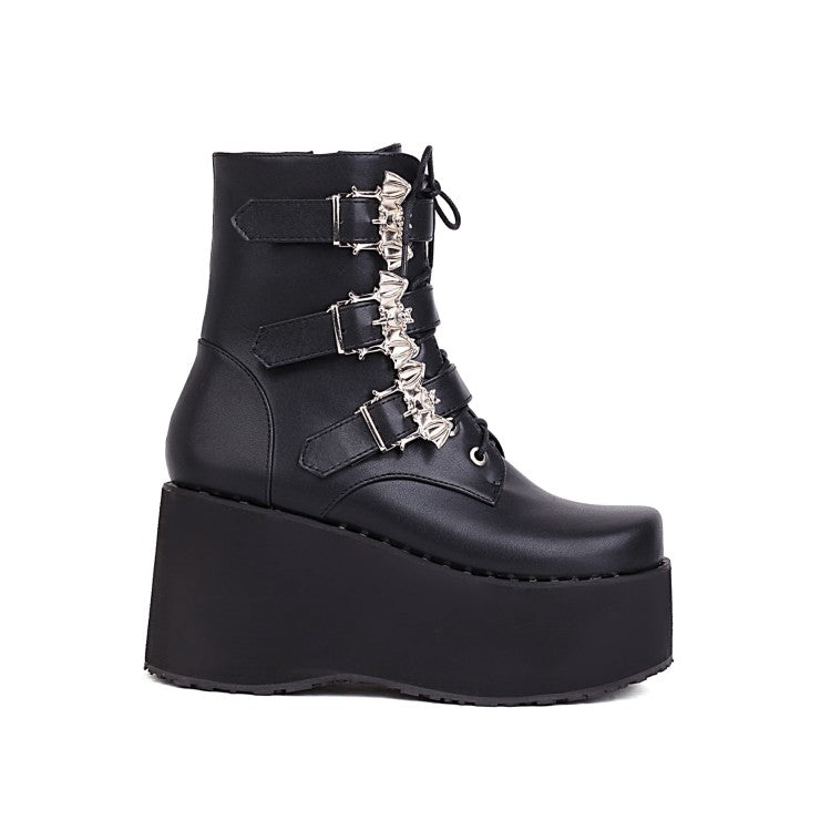 Women's Lace Up Buckle Straps Wedge Heel Platform Short Boots