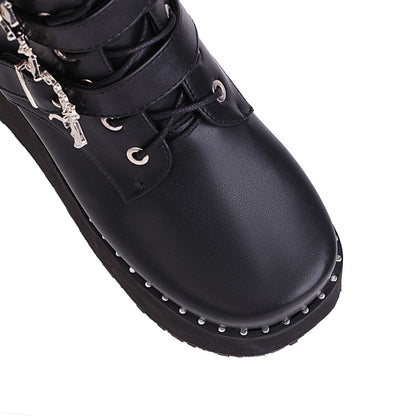 Women's Lace Up Buckle Straps Wedge Heel Platform Short Boots