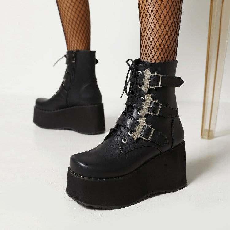 Women's Lace Up Buckle Straps Wedge Heel Platform Short Boots