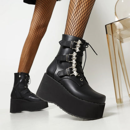 Women's Lace Up Buckle Straps Wedge Heel Platform Short Boots