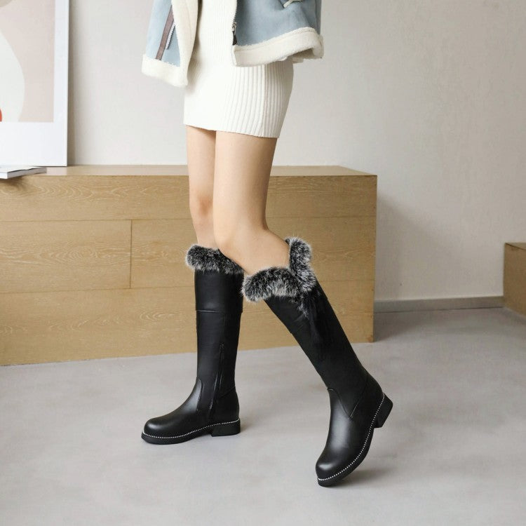 Women's Side Zippers Fur Lace Block Chunky Heel Platform Knee-High Boots