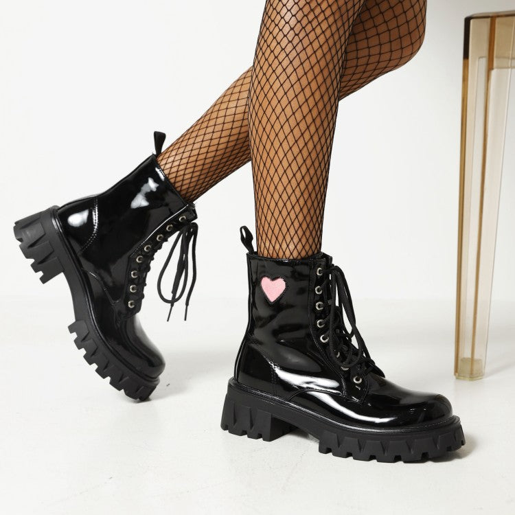 Women's Glossy Round Toe Lace Up Love Hearts Block Chunky Heel Platform Short Boots