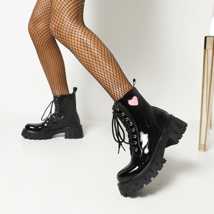Women's Glossy Round Toe Lace Up Love Hearts Block Chunky Heel Platform Short Boots