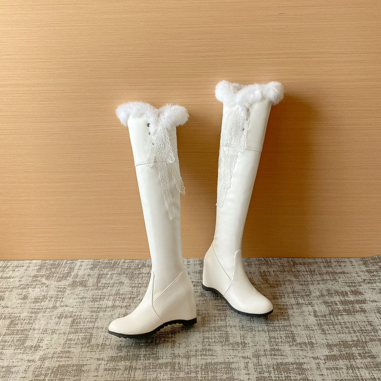 Women's Lace Fur Inside Heighten Wedge Heel Over-The-Knee Boots