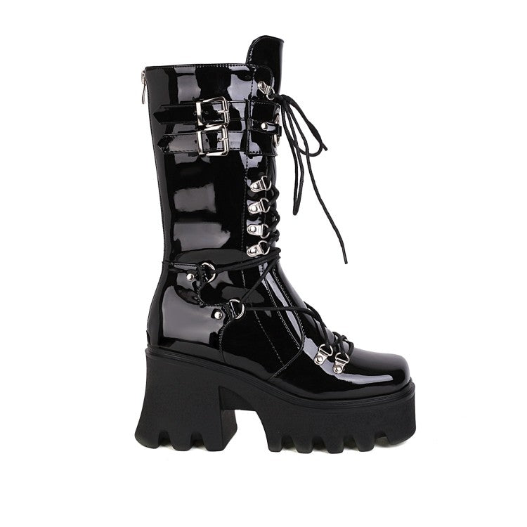 Women's Glossy Metal Buckle Straps Lace Up Block Chunky Heel Platform Mid-calf Boots