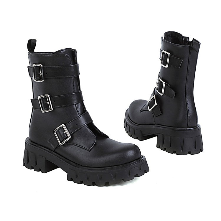 Women's Glossy Round Toe Buckle Straps Side Zippers Block Chunky Heel Platform Short Boots