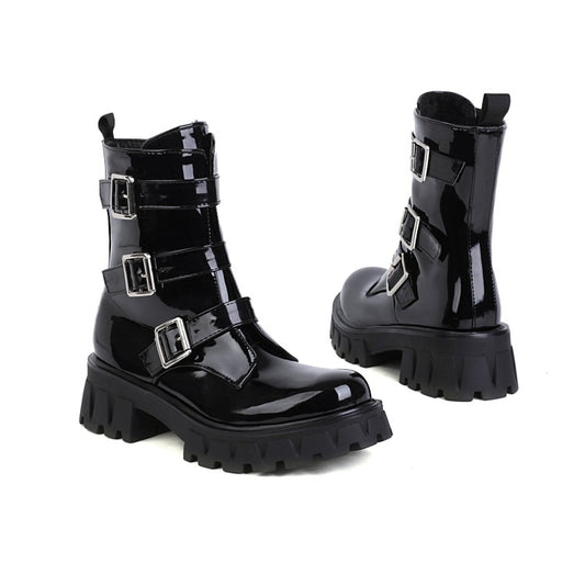 Women's Glossy Round Toe Buckle Straps Side Zippers Block Chunky Heel Platform Short Boots