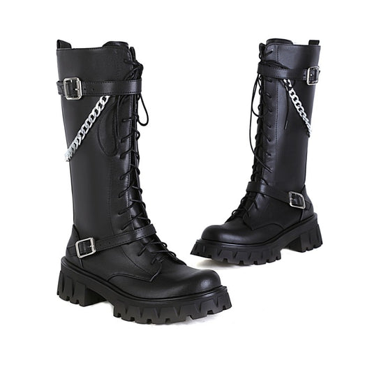 Women's Glossy Round Toe Metal Chains Lace Up Side Zippers Block Chunky Heel Platform Mid Calf Boots