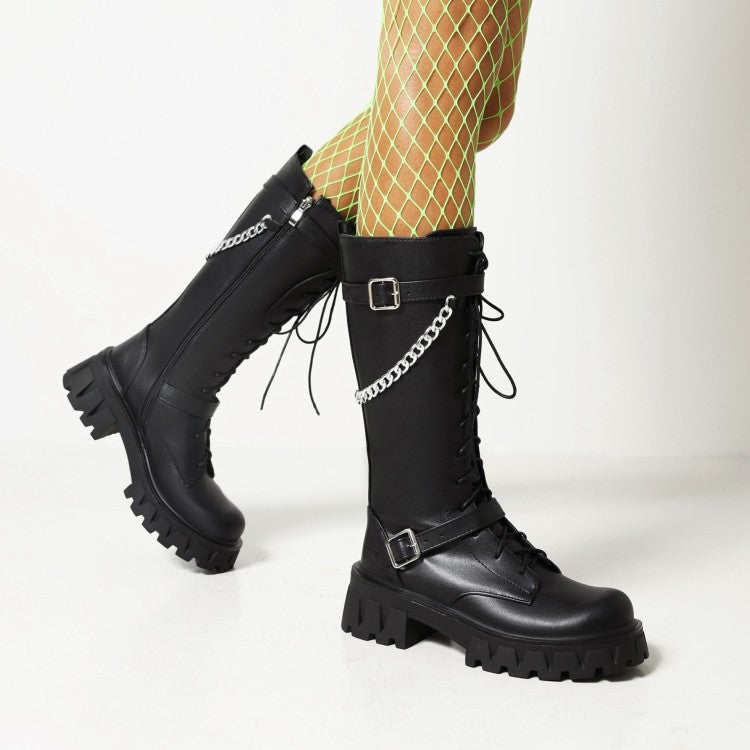 Women's Glossy Round Toe Metal Chains Lace Up Side Zippers Block Chunky Heel Platform Mid Calf Boots