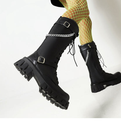 Women's Glossy Round Toe Metal Chains Lace Up Side Zippers Block Chunky Heel Platform Mid Calf Boots