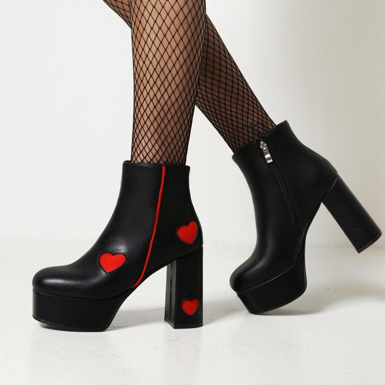 Women's Glossy Round Toe Love Hearts Side Zippers Block Chunky Heel Platform Short Boots