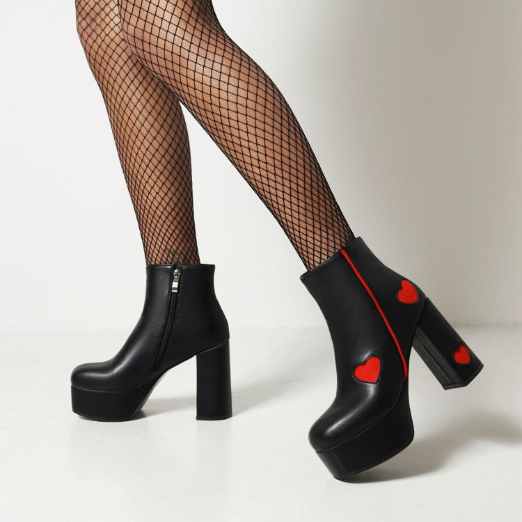 Women's Glossy Round Toe Love Hearts Side Zippers Block Chunky Heel Platform Short Boots