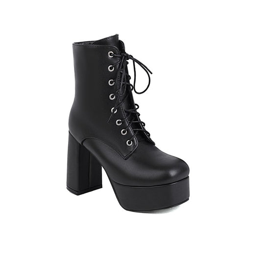 Women's Pu Leather Round Toe Lace Up Side Zippers Block Chunky Heel Platform Short Boots