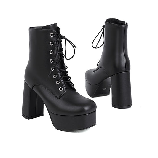 Women's Pu Leather Round Toe Lace Up Side Zippers Block Chunky Heel Platform Short Boots