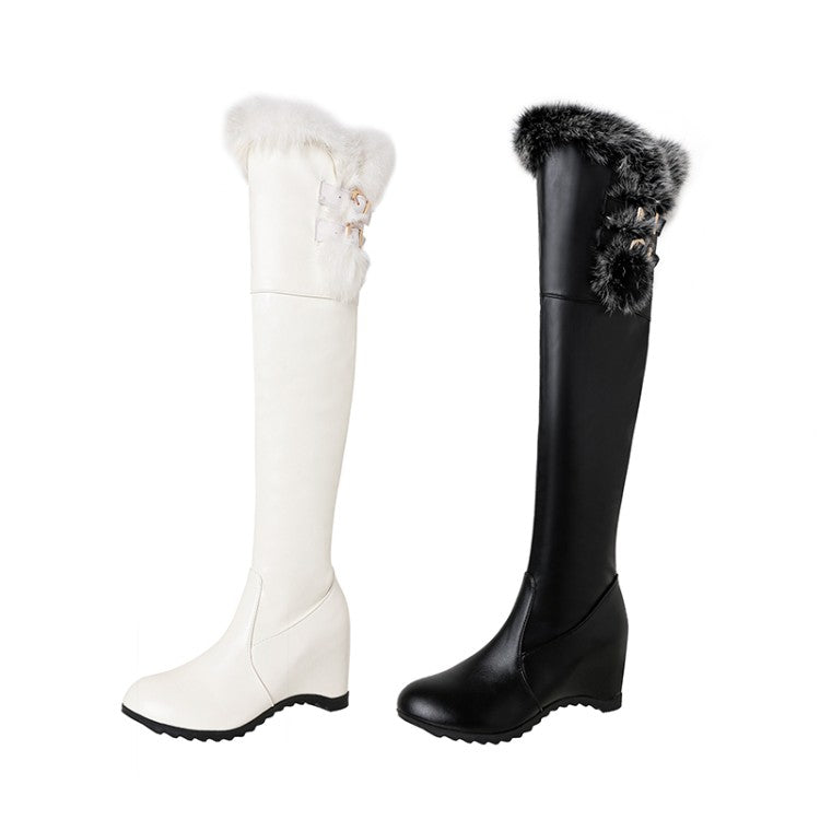 Women's Pu Leather Round Toe Fur Inside Heighten Wedge Heel Over-The-Knee Boots