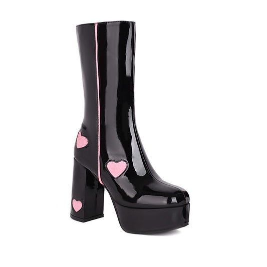Women's Glossy Round Toe Love Hearts Side Zippers Block Chunky Heel Platform Mid Calf Boots
