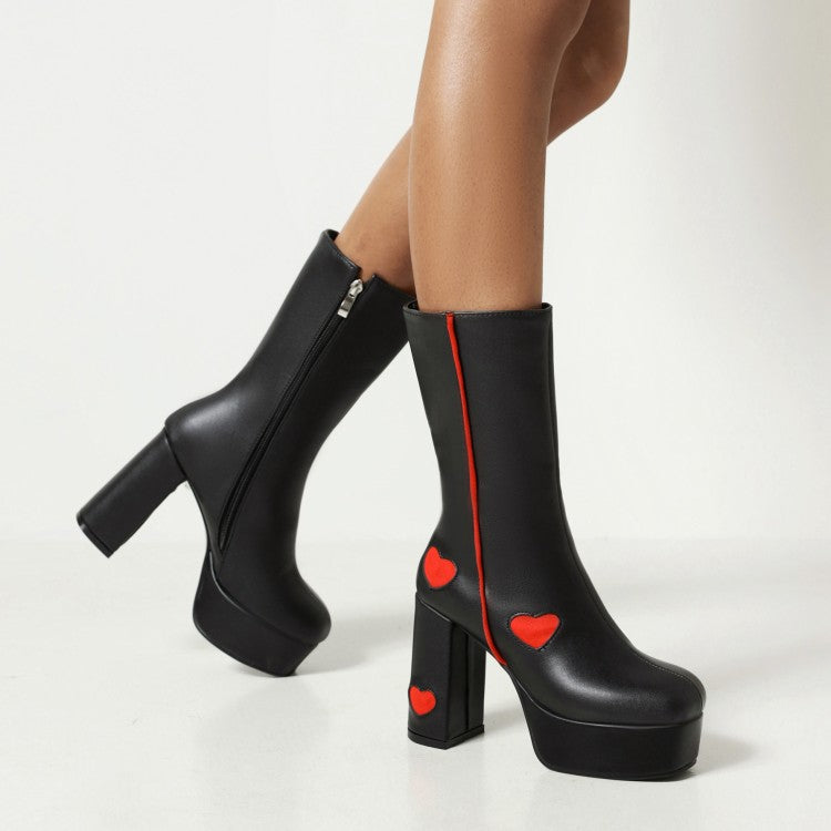 Women's Glossy Round Toe Love Hearts Side Zippers Block Chunky Heel Platform Mid Calf Boots