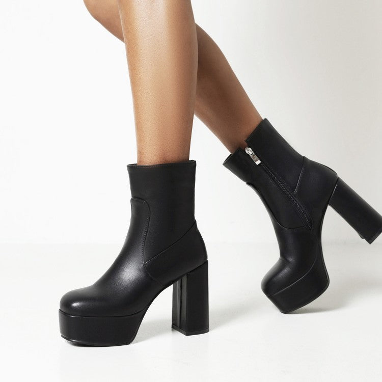 Women's Pu Leather Side Zippers Block Chunky Heel Platform Short Boots