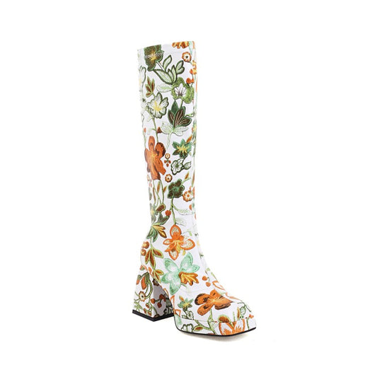 Women's Pu Leather Square Toe Flora Printed Block Chunky Heel Platform Knee High Boots