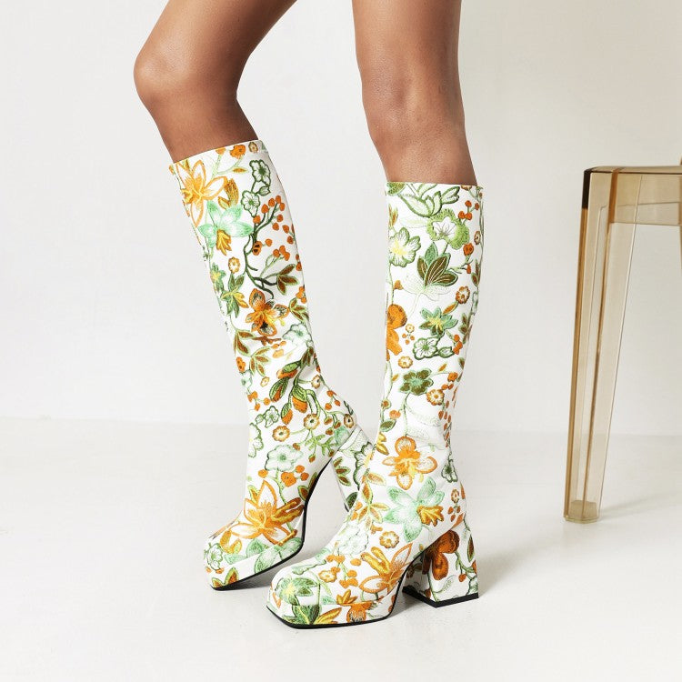 Women's Pu Leather Square Toe Flora Printed Block Chunky Heel Platform Knee High Boots