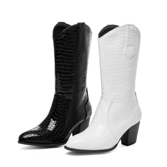 Women's Glossy Crocodile Pattern Pointed Toe Puppy Heel Mid Calf Boots