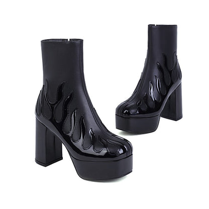 Women's Bicolor Pu Leather Round Toe Side Zippers Block Chunky Heel Platform Short Boots