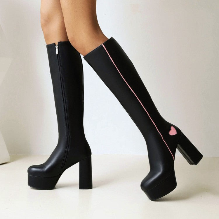 Women's Pu Leather Square Toe Bicolor Love Hearts Side Zippers Block Chunky Heel Platform Knee High Boots