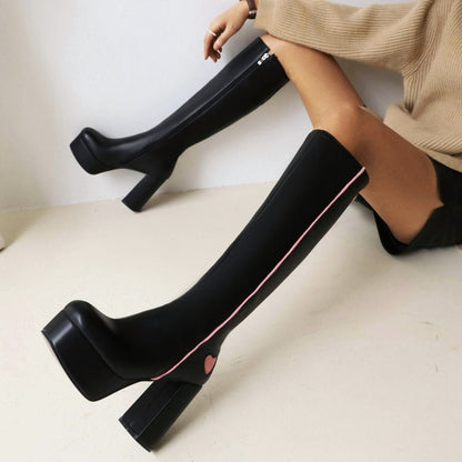 Women's Pu Leather Square Toe Bicolor Love Hearts Side Zippers Block Chunky Heel Platform Knee High Boots