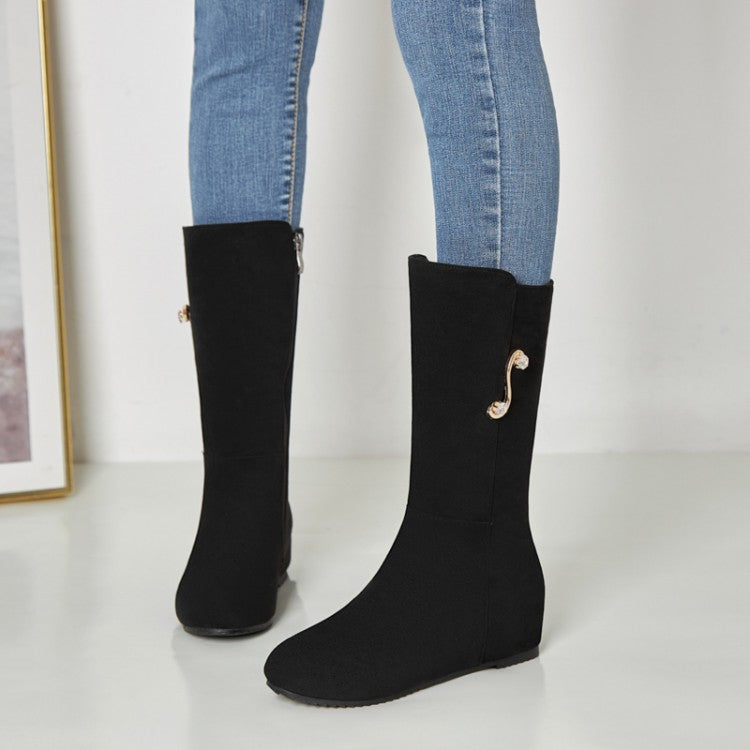 Women's Flock Round Toe Side Zippers Flat Inside Heighten Mid Calf Boots