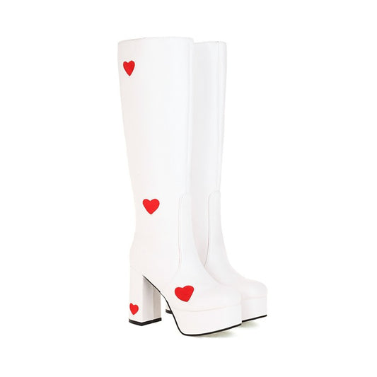 Women's Glossy Round Toe Love Hearts Side Zippers Block Chunky Heel Platform Knee High Boots