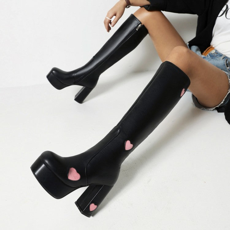 Women's Glossy Round Toe Love Hearts Side Zippers Block Chunky Heel Platform Knee High Boots