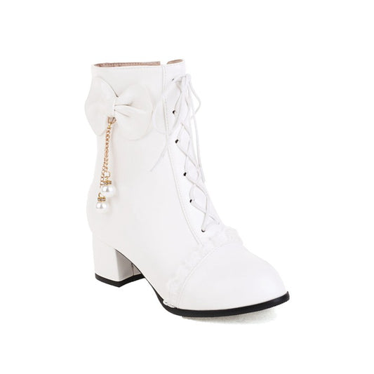Women's Pu Leather Round Toe Lace Lace-Up Pearls Bow Tie Side Zippers Block Chunky Heel Short Boots