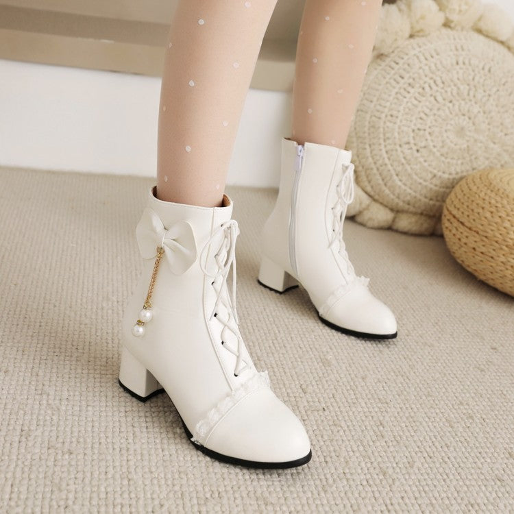 Women's Pu Leather Round Toe Lace Lace-Up Pearls Bow Tie Side Zippers Block Chunky Heel Short Boots