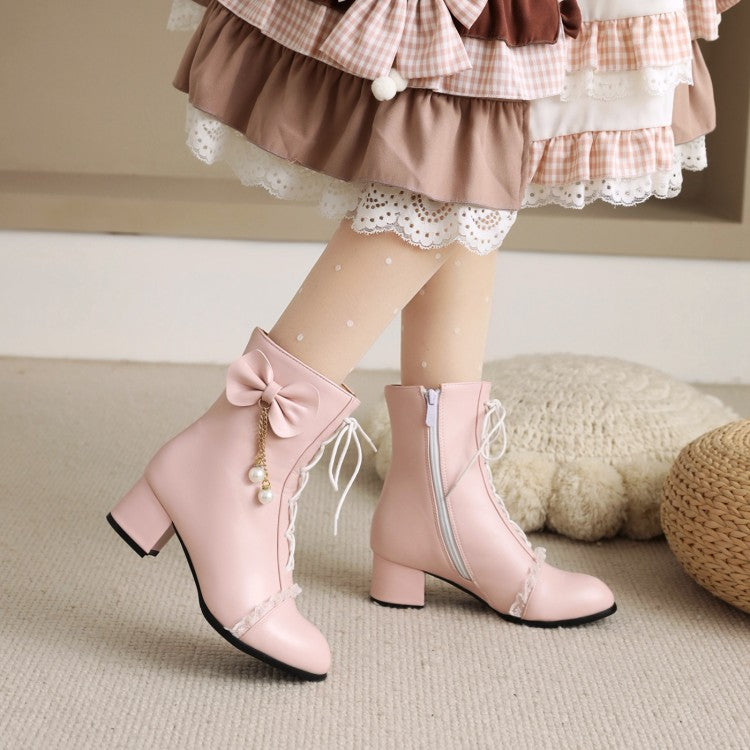 Women's Pu Leather Round Toe Lace Lace-Up Pearls Bow Tie Side Zippers Block Chunky Heel Short Boots