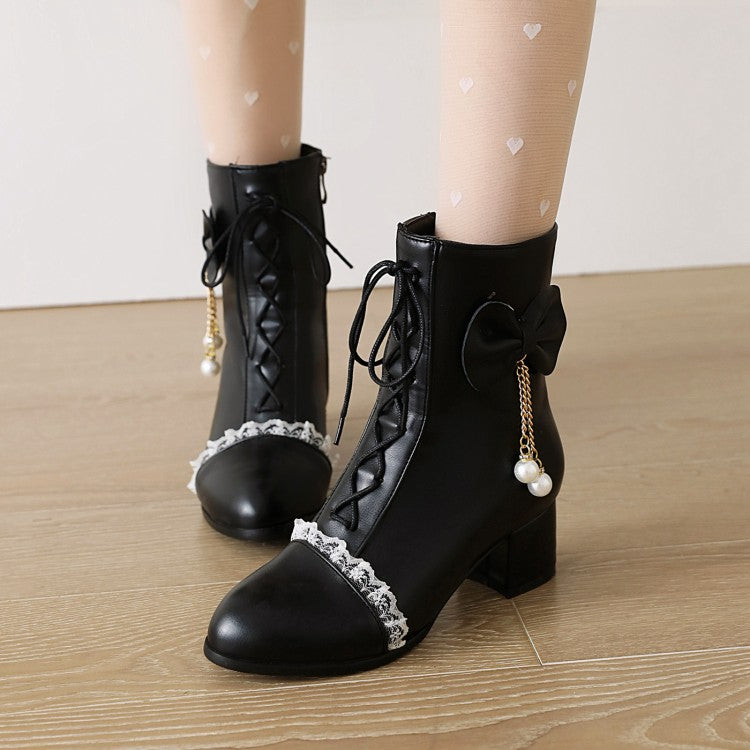 Women's Pu Leather Round Toe Lace Lace-Up Pearls Bow Tie Side Zippers Block Chunky Heel Short Boots