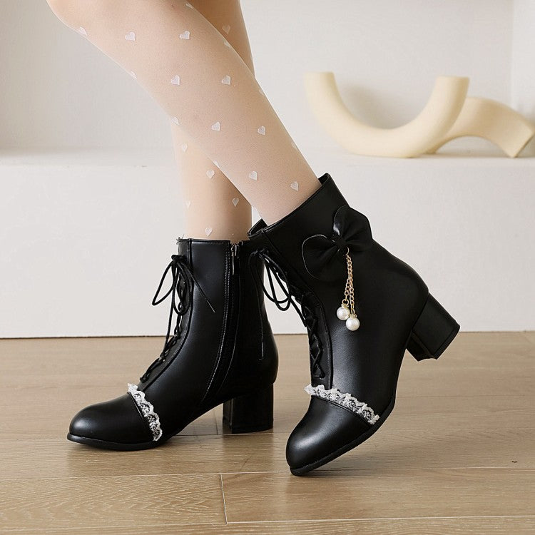 Women's Pu Leather Round Toe Lace Lace-Up Pearls Bow Tie Side Zippers Block Chunky Heel Short Boots