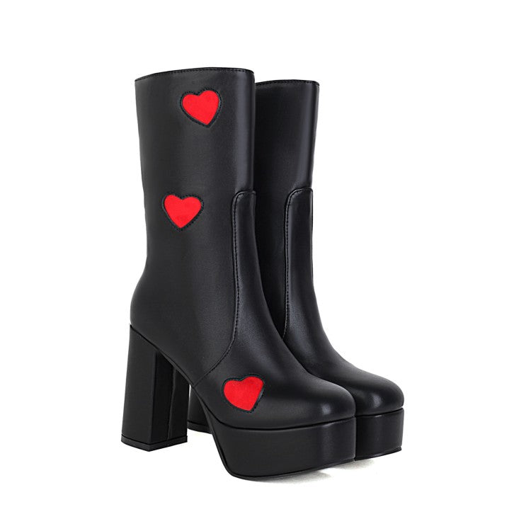 Women's Bicolor Love Hearts Pu Leather Round Toe Side Zippers Block Chunky Heel Platform Mid Calf Boots