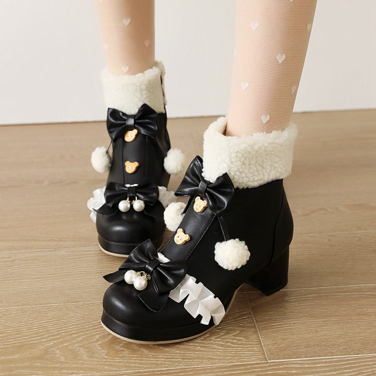 Women's Square Toe Lace Bow Tie Pearls Block Chunky Heel Ankle Boots