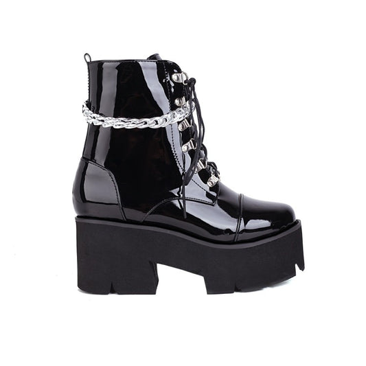 Women's Glossy Round Toe Lace Up Metal Chains Block Chunky Heel Platform Short Boots