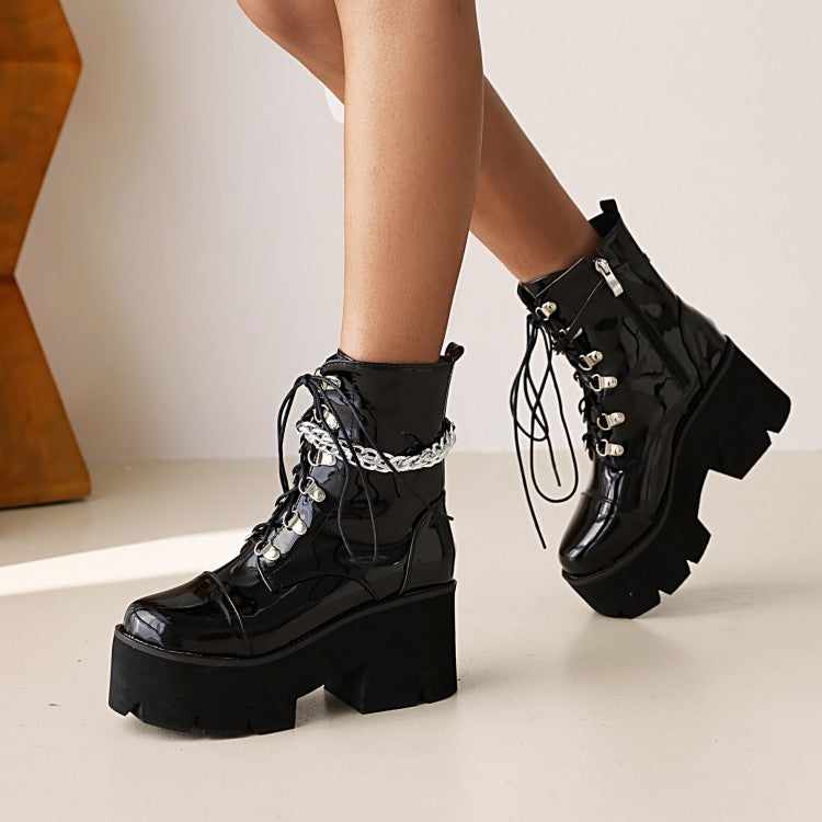 Women's Glossy Round Toe Lace Up Metal Chains Block Chunky Heel Platform Short Boots